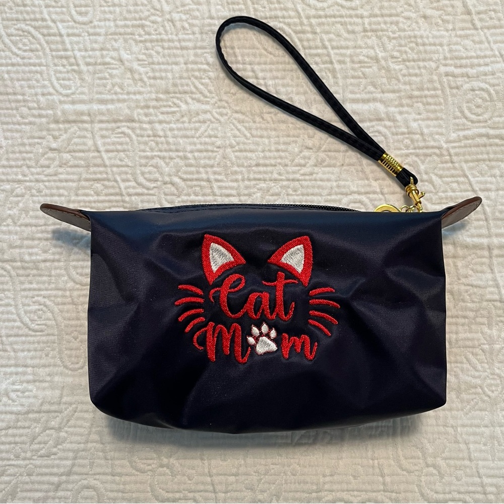 Cat Mom Navy Blue Embroidered Wristlet